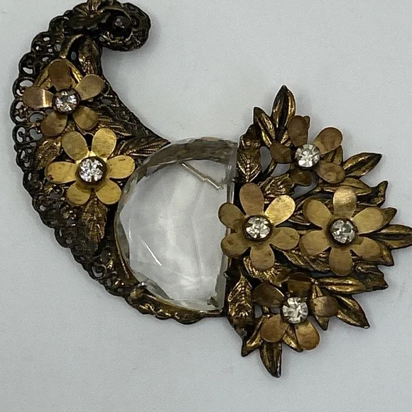 Antique Crystal Brass Faceted Glass Floral Huge Cornucopia Brooch Rare Statement